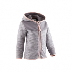 Bluza na zamek z kapturem Gym & Pilates 500 dla maluchów. Szare bluzy niemowlęce marki DOMYOS, z elastanu, z kapturem. Za 54,99 zł.