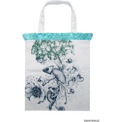 Shopper bag damskie: Biała torba bawełniana z kameleonami i falbanką