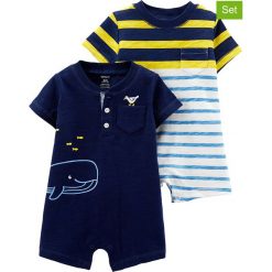 Rampers (2 szt.) w kolorze granatowo-żółto-białym. Żółte body niemowlęce Carter's, w paski, bez rękawów. W wyprzedaży za 69,95 zł.