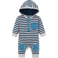 Pajacyk niemowlęcy, bawełna organiczna bonprix ciemnoniebiesko-srebrny w paski. Niebieskie body niemowlęce bonprix, w paski, z bawełny, bez rękawów. Za 54,99 zł.