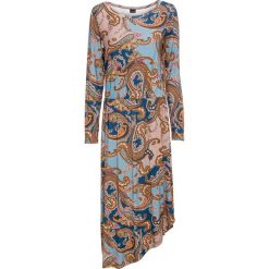 Sukienka z dżerseju bonprix niebieski paisley. Niebieskie sukienki damskie bonprix, bez wzorów, z dżerseju, z okrągłym kołnierzem, z długim rękawem, długie, asymetryczne. Za 54,99 zł.