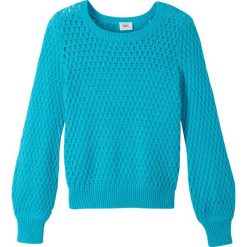 Lekki sweter dzianinowy w strukturalny wzór bonprix turkusowy. Niebieskie swetry dziewczęce bonprix, bez wzorów, z dzianiny, bez kołnierzyka, bez rękawów, bez kaptura. Za 49,99 zł.