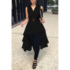 Tunika HALGINA BLACK. Czarne tuniki damskie IVET, w paski, eleganckie, z asymetrycznym kołnierzem, bez rękawów. W wyprzedaży za 89,00 zł.