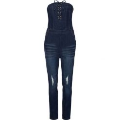 Kombinezon dżinsowy z ozdobnym sznurowaniem bonprix ciemny denim. Czarne kombinezony damskie bonprix, bez wzorów, z denimu, bez kołnierzyka, bez rękawów. Za 179,99 zł.