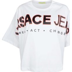 Versace Jeans T-shirt "Livia". Bluzki damskie Versace Jeans, z nadrukiem, z jeansu, z okrągłym kołnierzem. Za 249,00 zł.