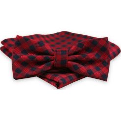 Granatowo-Czerwona Mucha Męska -ALTIES- z Taką Samą Poszetką, w Kratkę MUALTS0485. Czerwone muszki męskie Alties, na imprezę, w paski, eleganckie. Za 39,00 zł.