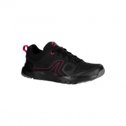 Buty damskie do szybkiego marszu HW 100 w kolorze czarno-różowym. Czarne buty do fitnessu damskie marki NEWFEEL, z gumy. Za 79,99 zł.