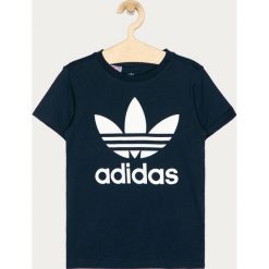 Adidas Originals - T-shirt dziecięcy 128-164 cm. Niebieskie bluzki dziewczęce adidas Originals, z nadrukiem, z bawełny, z okrągłym kołnierzem, z krótkim rękawem, krótkie, bez kaptura. Za 79,90 zł.