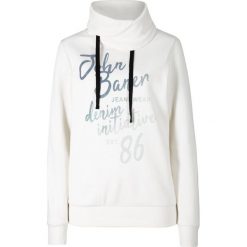 Bluza z brokatowym nadrukiem bonprix biel wełny z nadrukiem. Białe bluzy damskie bonprix, z nadrukiem, z wełny, bez rękawów, bez kaptura. Za 89,99 zł.