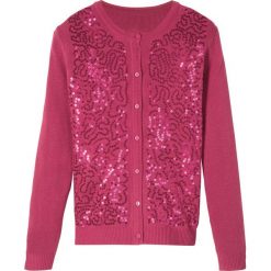 Sweter rozpinany z cekinami bonprix jeżynowy. Różowe swetry dziewczęce bonprix, z aplikacjami, bez kołnierzyka, bez rękawów, bez kaptura. Za 69,99 zł.