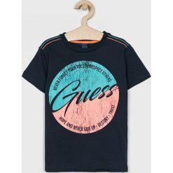 Guess Jeans - T-shirt dziecięcy 118-175 cm. Niebieskie t-shirty chłopięce Guess Jeans, z nadrukiem, z bawełny, bez rękawów. Za 79,90 zł.