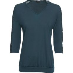 Shirt z rękawami 3/4 i koronką bonprix niebieskozielony. Niebieskie koszulki damskie bonprix, w koronkowe wzory, z koronki, z dekoltem w serek, bez rękawów. Za 54,99 zł.