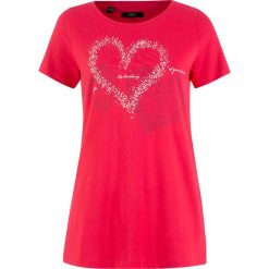 Shirt z nadrukiem serca, krótki rękaw bonprix czerwień granatu z nadrukiem. Czerwone koszulki damskie marki bonprix, z nadrukiem, bez kołnierzyka, z krótkim rękawem. Za 34,99 zł.