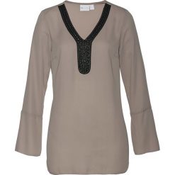Tunika z ozdobną tasiemką bonprix brunatny. Brązowe tuniki damskie z długim rękawem bonprix, z materiału, z dekoltem w serek. Za 59,99 zł.