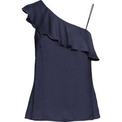 Top na jedno ramię z falbaną bonprix ciemnoniebieski. Niebieskie bluzki damskie marki bonprix, bez wzorów, bez kołnierzyka, bez rękawów. Za 59,99 zł.
