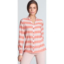 Bluzka koszulowa ecru w paski - 38. Bluzki damskie e-margeritka.pl, na wiosnę, xl, w paski, z poliesteru, eleganckie, bez rękawów, długie, bez kaptura. Za 128,99 zł.