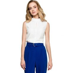 Ecru Elegancka Bluzka bez Rękawów z Wywijaną Stójką. Szare podkoszulki damskie marki Molly.pl, s, bez wzorów, ze stójką. Za 99,90 zł.
