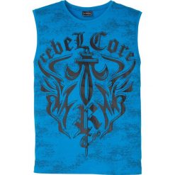 Koszulka bez rękawów, z nadrukiem Slim Fit bonprix niebieski z nadrukiem. Niebieskie koszulki męskie bonprix, xxl, z nadrukiem, z okrągłym kołnierzem, bez rękawów. Za 37,99 zł.