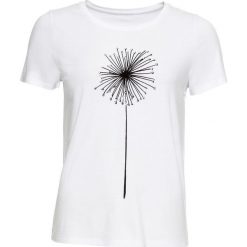 Shirt z nadrukiem bonprix biało-czarny. Białe koszulki damskie bonprix, na co dzień, z nadrukiem, z okrągłym kołnierzem, bez rękawów. Za 69,99 zł.