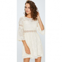 Answear - Sukienka. Białe sukienki damskie ANSWEAR, s, z haftami, z tkaniny, eleganckie, z okrągłym kołnierzem, bez rękawów, mini, rozkloszowane. W wyprzedaży za 169,90 zł.