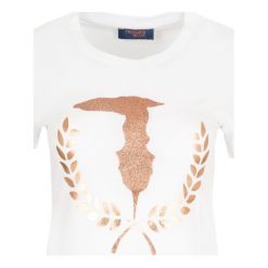 T-shirt Trussardi Jeans. Białe koszulki damskie s, bez wzorów, z jeansu, z włoskim kołnierzykiem, bez rękawów. Za 219,00 zł.