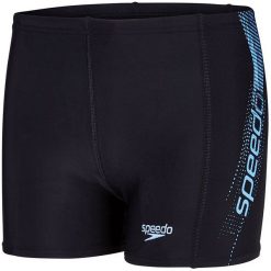 Speedo Logo Panel Aquashort 28. Czarne kąpielówki chłopięce marki Speedo, w paski. W wyprzedaży za 65,00 zł.