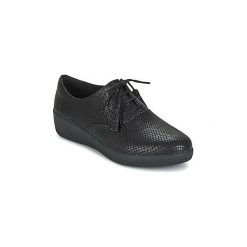 Derby FitFlop CLASSIC TASSEL SUPEROXFORD (SNAKE EFFECT). Czarne półbuty damskie marki FitFlop, bez wzorów, bez obcasa, bez zapięcia. Za 319,20 zł.
