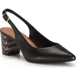Buty damskie. Czarne czółenka damskie Wittchen, w geometryczne wzory, ze skóry, z otwartym noskiem, na wysokim obcasie. W wyprzedaży za 249,90 zł.
