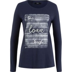 Shirt z przędzy mieszankowej, długi rękaw bonprix ciemnoniebieski z nadrukiem. Niebieskie koszulki damskie bonprix, z nadrukiem, bez kołnierzyka, z długim rękawem. Za 34,99 zł.