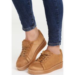 Camelowe Creepersy Reveal. Szare półbuty damskie Born2be, bez wzorów, z tkaniny, z okrągłym noskiem, bez obcasa, na platformie, na sznurówki. Za 49,99 zł.