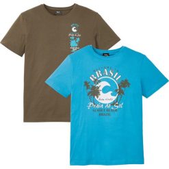 T-shirt z nadrukiem (2 szt.) bonprix turkusowy + ciemnooliwkowy z nadrukiem. Niebieskie koszulki męskie bonprix, na lato, xl, z nadrukiem, bez kołnierzyka, bez rękawów. Za 75,98 zł.