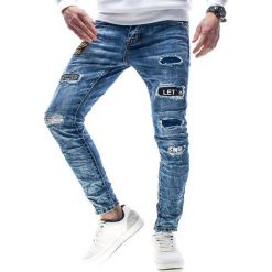 Spodnie jeansowe slim męskie granatowe Recea. Spodnie męskie Recea, na lato, s, z aplikacjami, z jeansu, eleganckie. Za 119,99 zł.