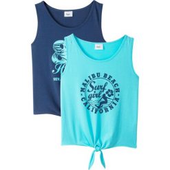 Top (2 szt.) bonprix morski + kobaltowy. Niebieskie bluzki dziewczęce bonprix, z nadrukiem, z okrągłym kołnierzem, bez rękawów, bez kaptura. Za 33,98 zł.