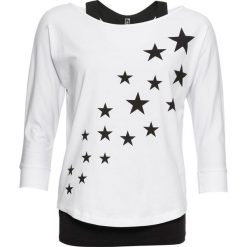 T-shirt z topem 2 w 1 bonprix biało-czarny z nadrukiem. Czarne koszulki damskie bonprix, z nadrukiem, bez kołnierzyka, bez rękawów. Za 59,99 zł.