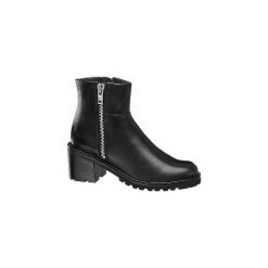 Skórzane botki damskie 5th Avenue na masywnym obcasie i z ozdobnym zamkiem. Czarne botki damskie ze skóry, bez obcasa, na obcasie, na zamek. Za 239,90 zł.