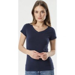 Granatowy T-shirt Nysalphia. Niebieskie bluzki damskie Born2be, s, bez wzorów, z dzianiny, z dekoltem w serek. Za 29,99 zł.