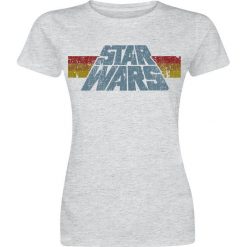 Star Wars Vintage 77 Koszulka damska odcienie szarego. Szare bluzki z odkrytymi ramionami marki Star Wars, xl, w kolorowe wzory, eleganckie, z dekoltem w łódkę. Za 74,90 zł.