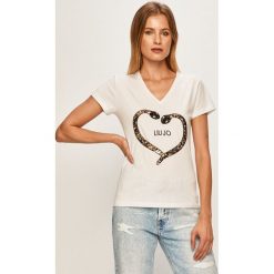 Liu Jo - T-shirt. Białe bluzki damskie Liu Jo, s, z aplikacjami, z elastanu, z włoskim kołnierzykiem. W wyprzedaży za 259,90 zł.