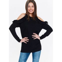 Sweter damski z odkrytymi ramionami i ozdobnymi falbankami. Czarne swetry damskie TROLL, s, bez wzorów, z jeansu, eleganckie, bez rękawów, bez kaptura. W wyprzedaży za 54,99 zł.