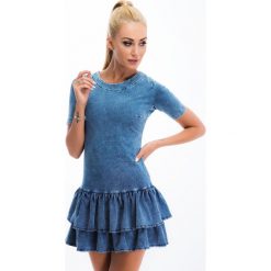Niebieska sukienka z imitacji jeansu MIS9. Niebieskie sukienki damskie Fasardi, l, bez wzorów, z jeansu, bez kołnierzyka, bez rękawów. Za 111,20 zł.