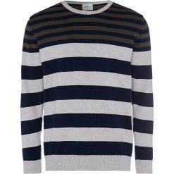 Sweter w kolorze granatowo-jasnoszarym. Szare swetry męskie Cross Jeans, m, w paski, z okrągłym kołnierzem, bez kaptura. W wyprzedaży za 79,95 zł.