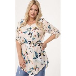 Beżowa Tunika Intermingle. Brązowe tuniki damskie Born2be, xl, w paski, bez kołnierzyka, bez rękawów. Za 59,99 zł.