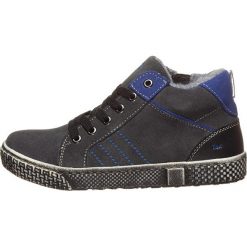 Skórzane sneakersy w kolorze szaro-niebieskim. Szare trampki chłopięce lamino, bez wzorów, z materiału, na sznurówki. W wyprzedaży za 159,95 zł.