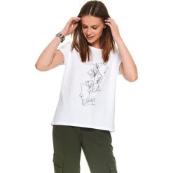 T-SHIRT DAMSKI Z PRINTEM. Białe t-shirty damskie Top Secret, z nadrukiem, z bawełny, bez kołnierzyka. Za 39,99 zł.
