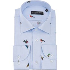 Koszula Błękitna z Nadrukiem Everly. Niebieskie koszule męskie LANCERTO, m, z nadrukiem, z bawełny, eleganckie, bez kołnierzyka, bez rękawów. Za 299,90 zł.