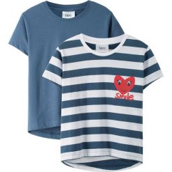T-shirt (2 szt. w opak.) bonprix biały + niebieski indygo. Białe bluzki dziewczęce bonprix, w paski, bez kołnierzyka, bez rękawów, bez kaptura. Za 27,98 zł.