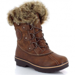 Kozaki zimowe "Candice" w kolorze jasnobrązowym. Brązowe buty zimowe damskie Kimberfeel, z materiału. W wyprzedaży za 318,95 zł.