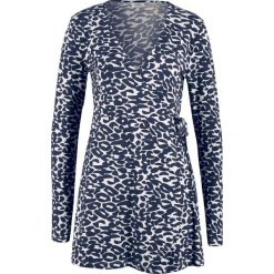 Shirt kopertowy z wiązanym paskiem, długi rękaw bonprix jagodowy wzorzysty. Niebieskie koszulki damskie bonprix, bez wzorów, bez kołnierzyka, z długim rękawem. Za 44,99 zł.