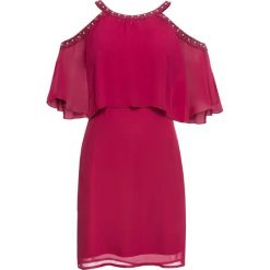 Sukienka z falbaną bonprix magenta. Fioletowe sukienki damskie bonprix, z aplikacjami, wizytowe, bez kołnierzyka, bez rękawów. Za 59,99 zł.