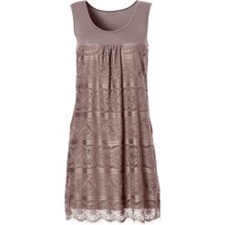 Sukienka shirtowa bonprix średni brąz. Szare sukienki damskie bonprix, w koronkowe wzory, z koronki, bez kołnierzyka, bez rękawów. Za 99,99 zł.